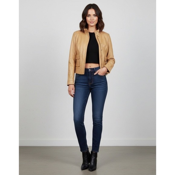 Lucky Brand Womens Full Zip Snap Lamb Leather Moto Biker Tan Camel Jacket Medium